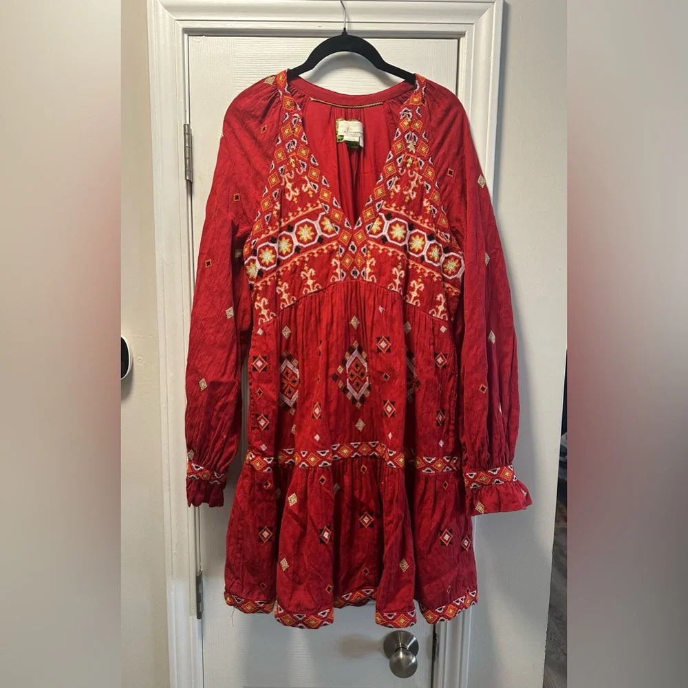Anthropologie Red Bohemian Embroidered Dress - Picture 2 of 8